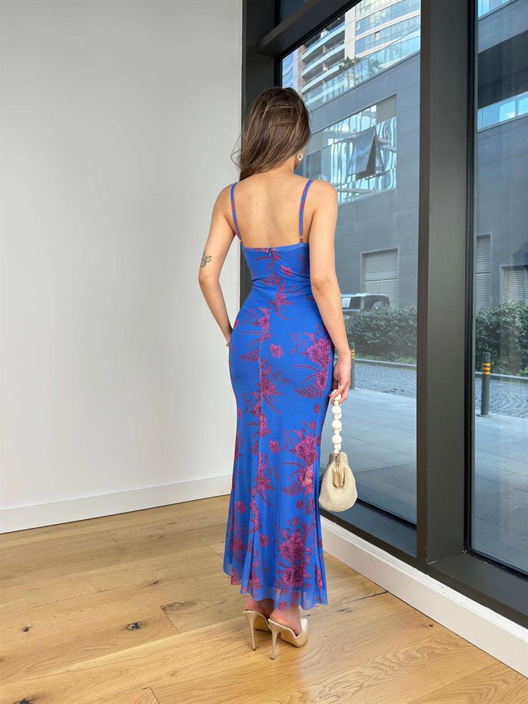 Degaje Yaka Askılı Santa Mavi Kadın Çiçekli Elbise 25Y199