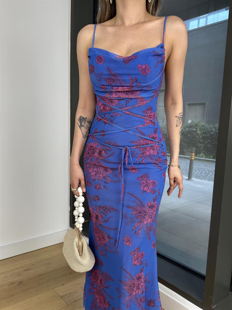 Degaje Yaka Askılı Santa Mavi Kadın Çiçekli Elbise 25Y199