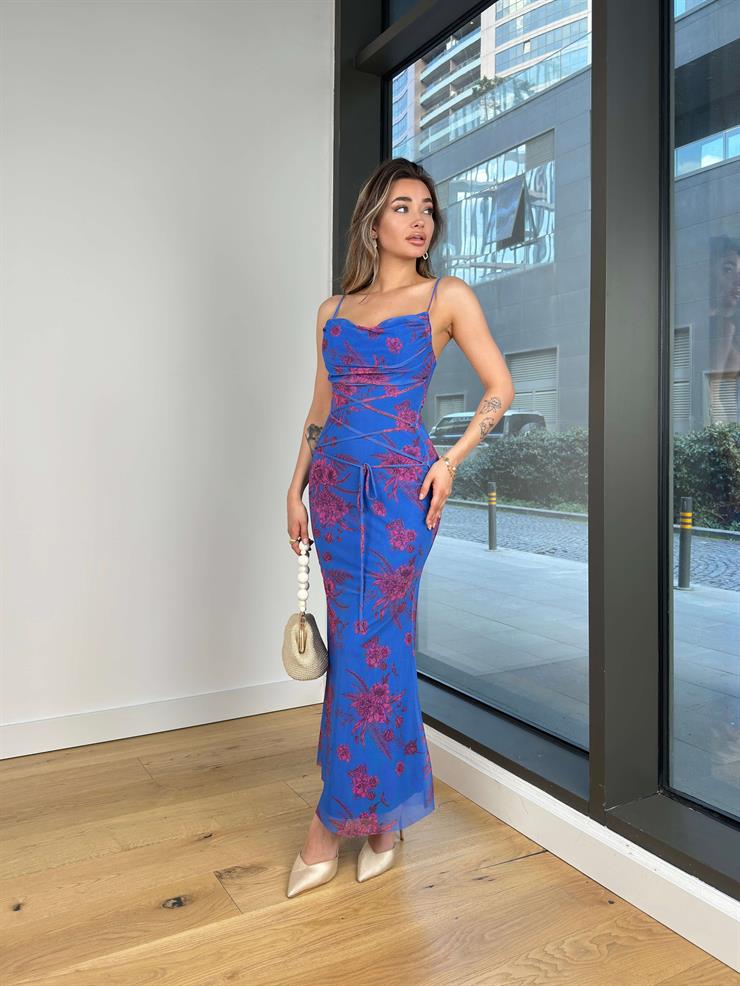 Degaje Yaka Askılı Santa Mavi Kadın Çiçekli Elbise 25Y199