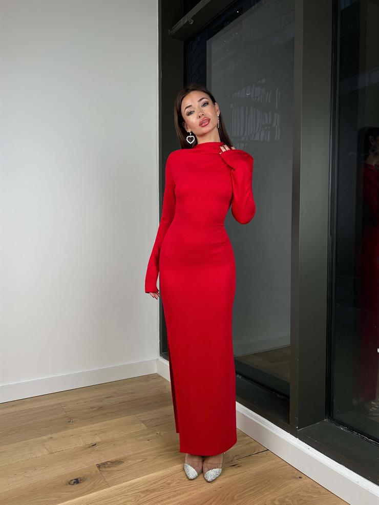 Uzun Kollu Omuz Kısmı Drapeli Sante Kadın Kırmızı Elbise 24k260