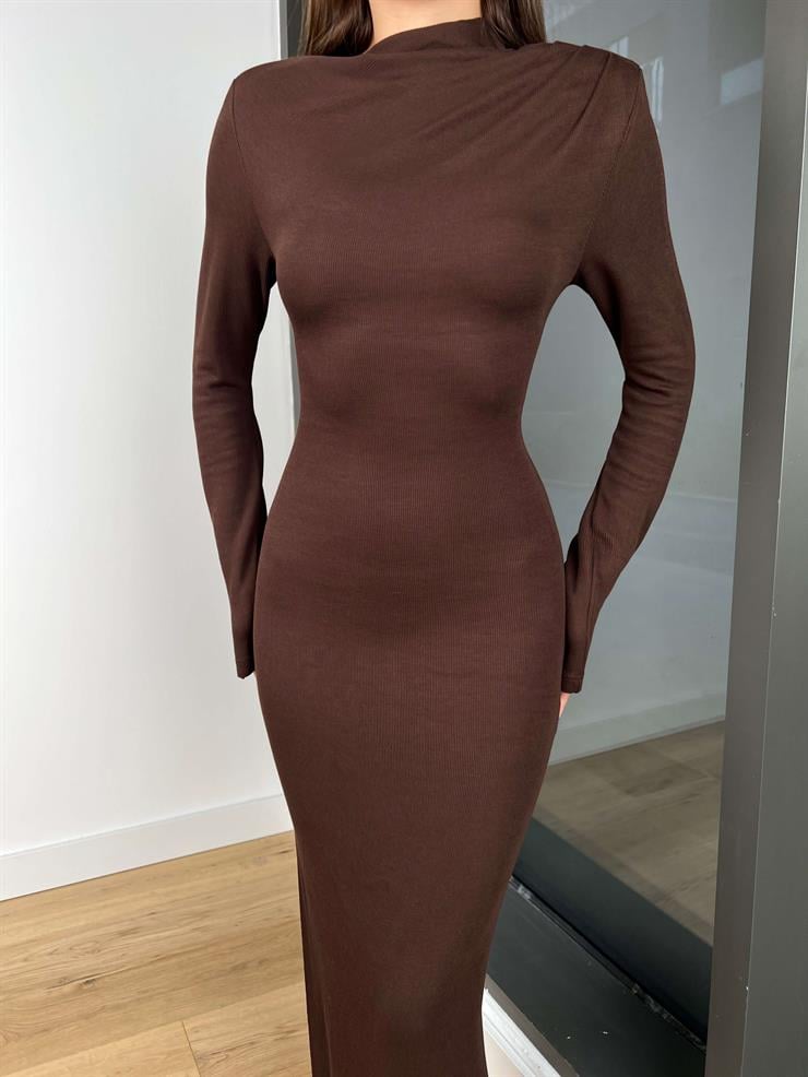 Uzun Kollu Omuz Kısmı Drapeli Sante Kadın Kahve Elbise 24k260