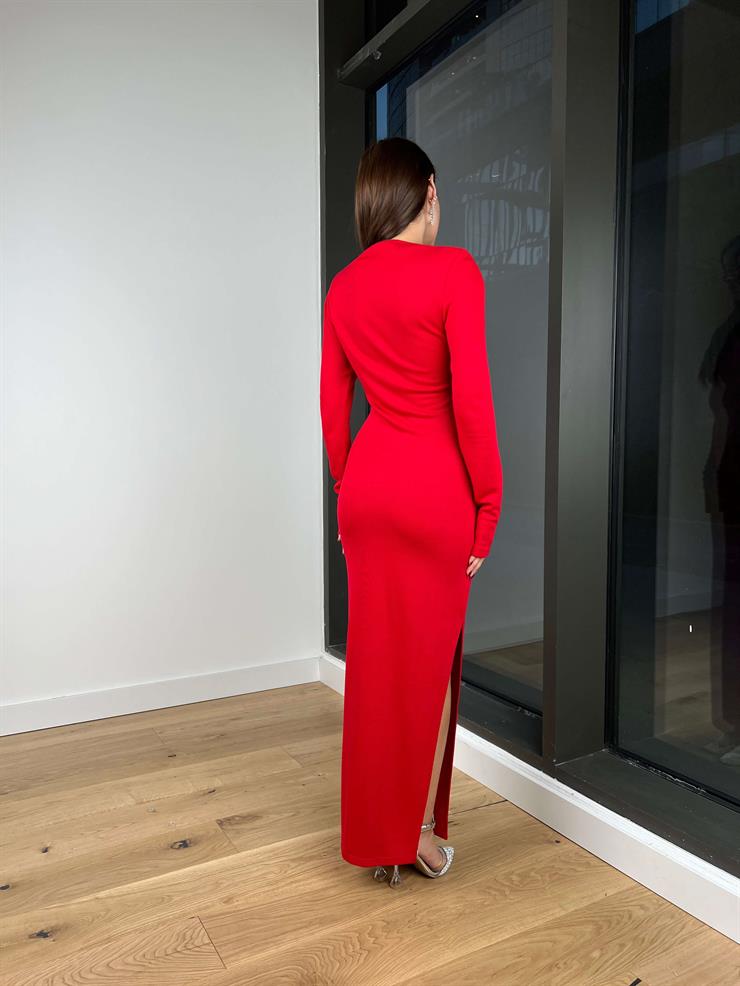 Uzun Kollu Omuz Kısmı Drapeli Sante Kadın Kırmızı Elbise 24k260