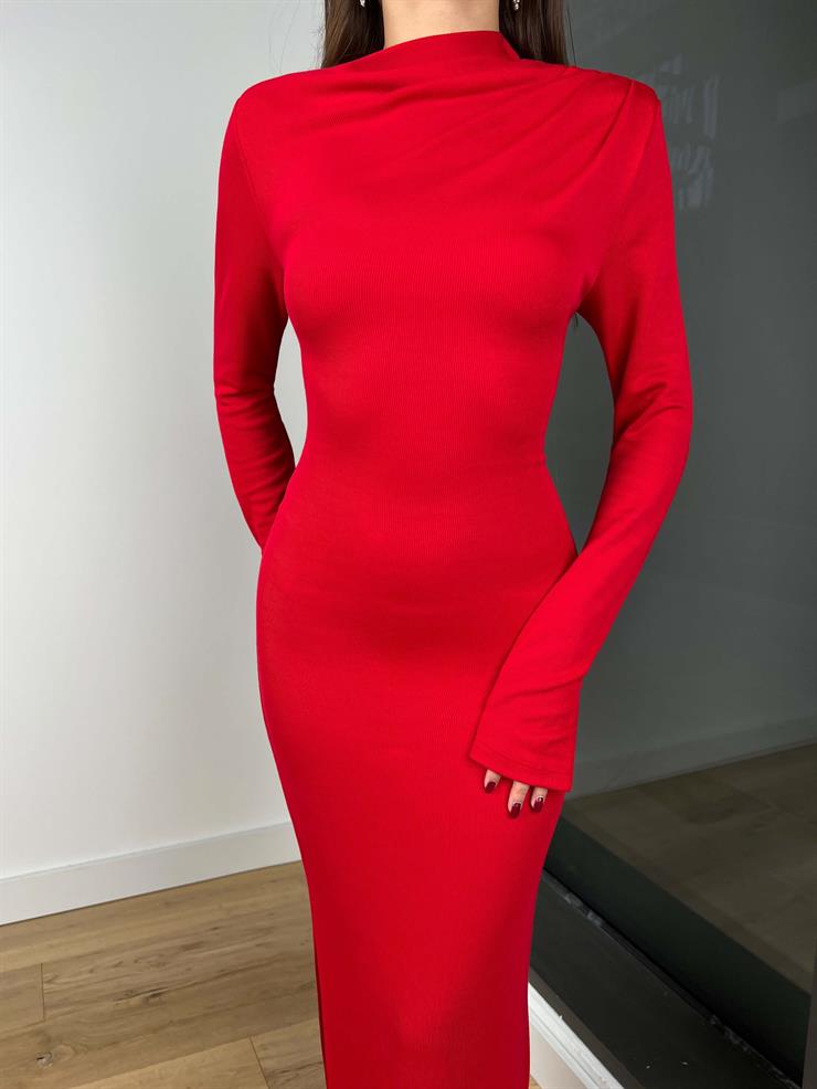 Uzun Kollu Omuz Kısmı Drapeli Sante Kadın Kırmızı Elbise 24k260