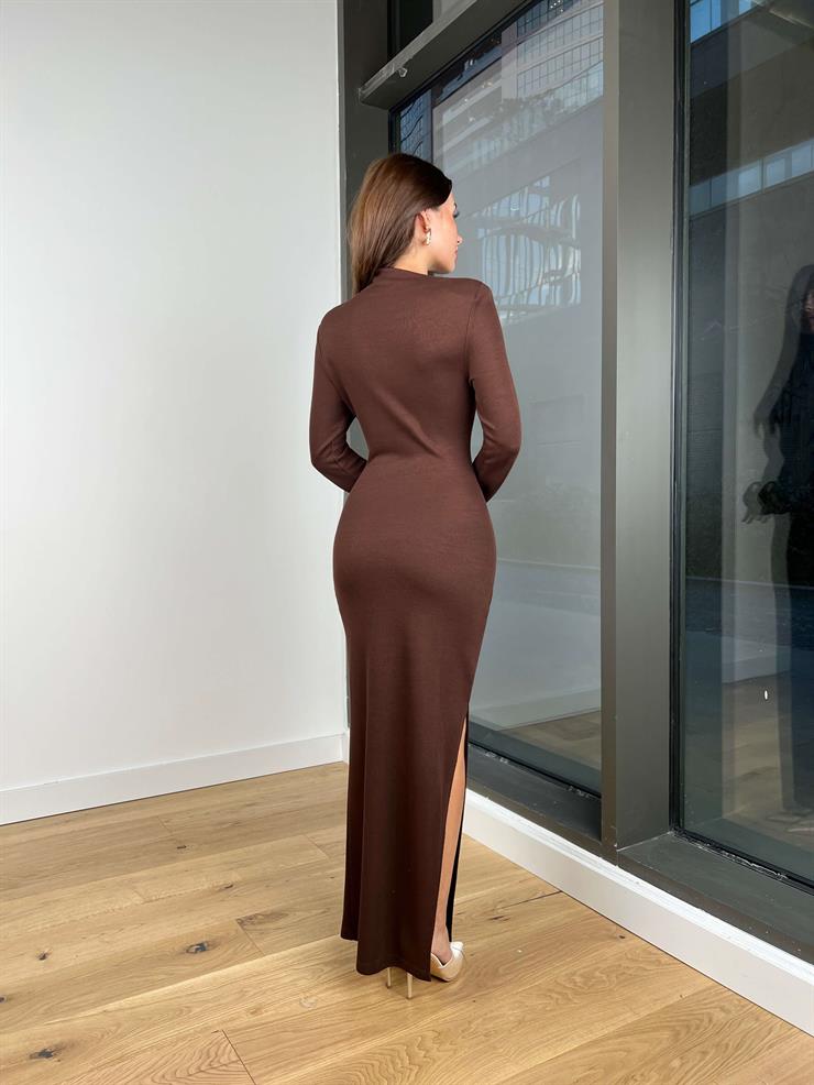 Uzun Kollu Omuz Kısmı Drapeli Sante Kadın Kahve Elbise 24k260