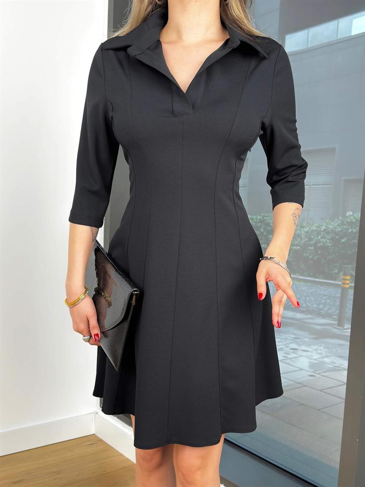 Polo Yaka Yarım Kol Sara Siyah Kadın Mini Elbise 25K454