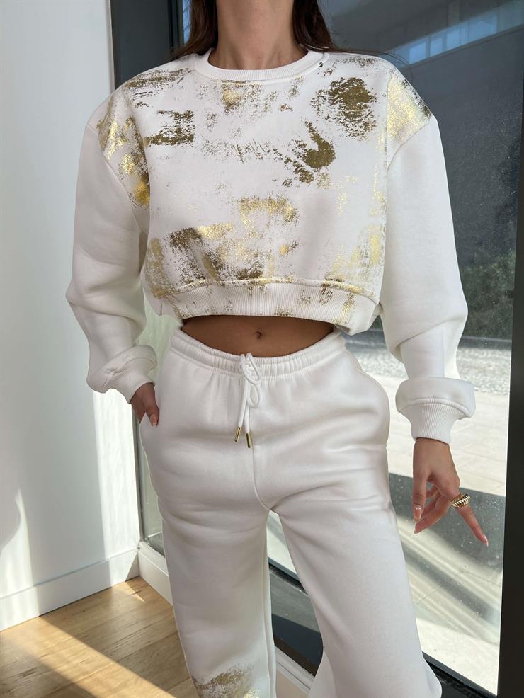 Bisiklet Yaka Crop Sweatshirt Paçası Ve Beli Lastikli Eşofman Altı Sara Kadın Ekru Altın Detaylı Takım 24k350