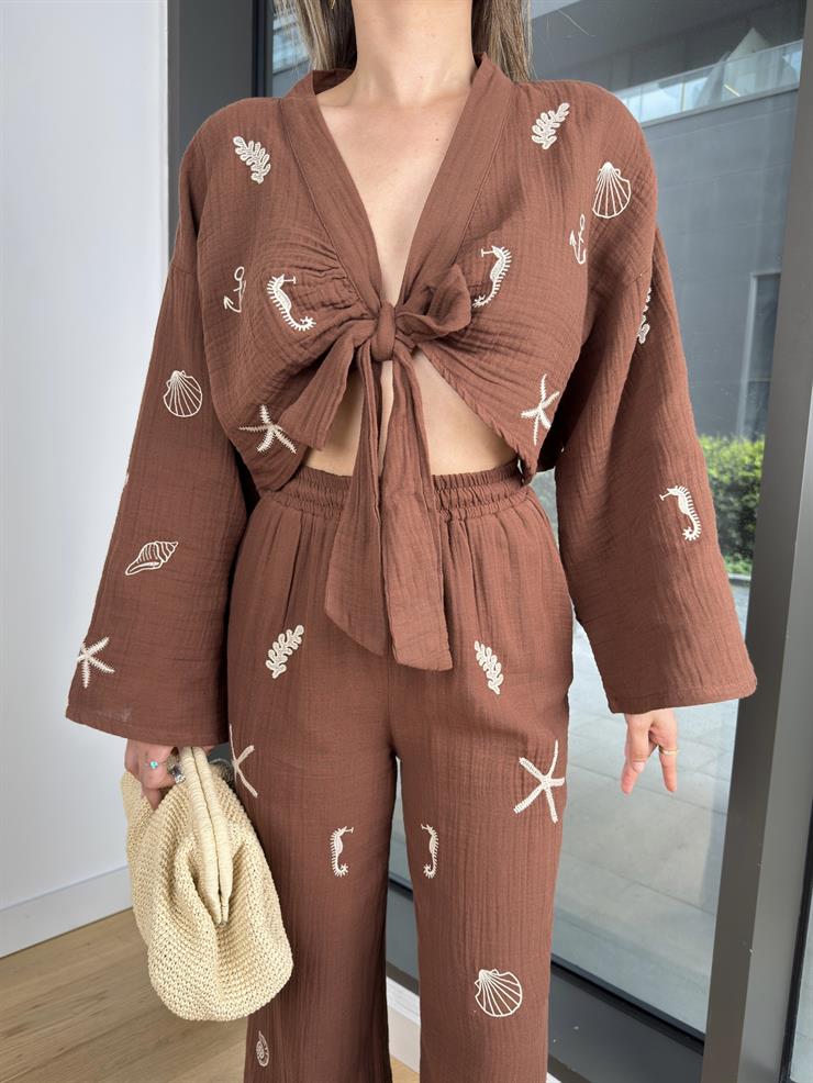 Uzun Kol Önden Bağlamalı Crop Beli Lastikli Bol Paça Pantolon Sarat Kadın Kahve Takım 25Y277