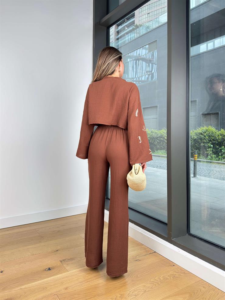 Uzun Kol Önden Bağlamalı Crop Beli Lastikli Bol Paça Pantolon Sarat Kadın Kahve Takım 25Y277