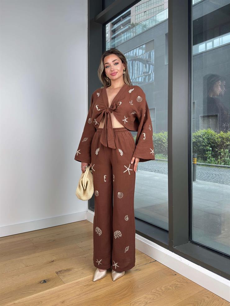 Uzun Kol Önden Bağlamalı Crop Beli Lastikli Bol Paça Pantolon Sarat Kadın Kahve Takım 25Y277