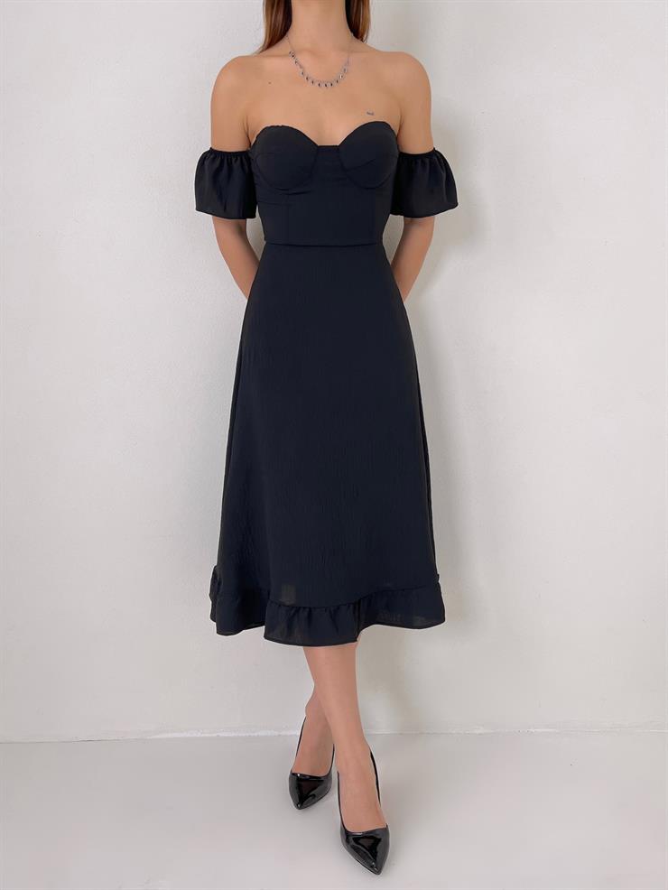 Düşük Lastik Kol Eteği Volanlı Sarina Kadın Siyah Midi Elbise 23Y000026