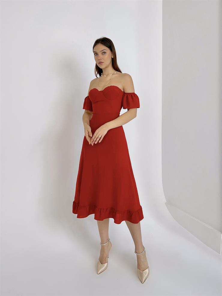 Düşük Lastik Kol Eteği Volanlı Sarina Kadın Kırmızı Midi Elbise 23Y000026