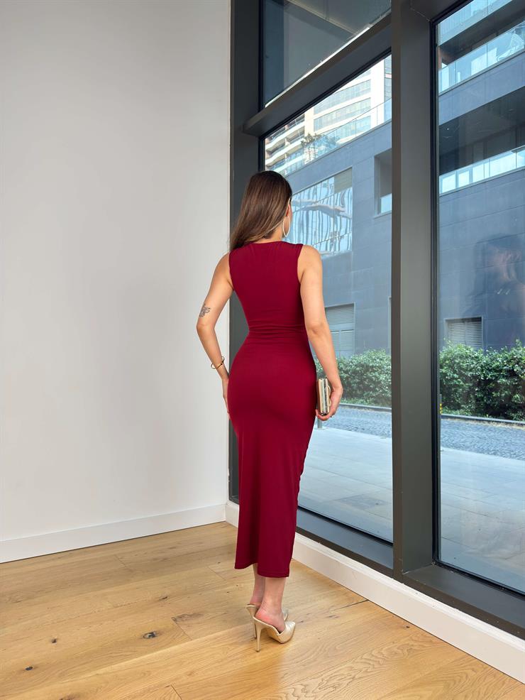 Askısı Aksesuar Detaylı Drapeli Streç Sartre Bordo Kadın Elbise 25Y444