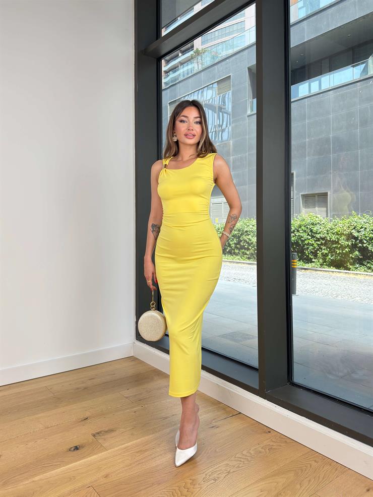 Askısı Aksesuar Detaylı Drapeli Streç Sartre Sarı Kadın Elbise 25Y444