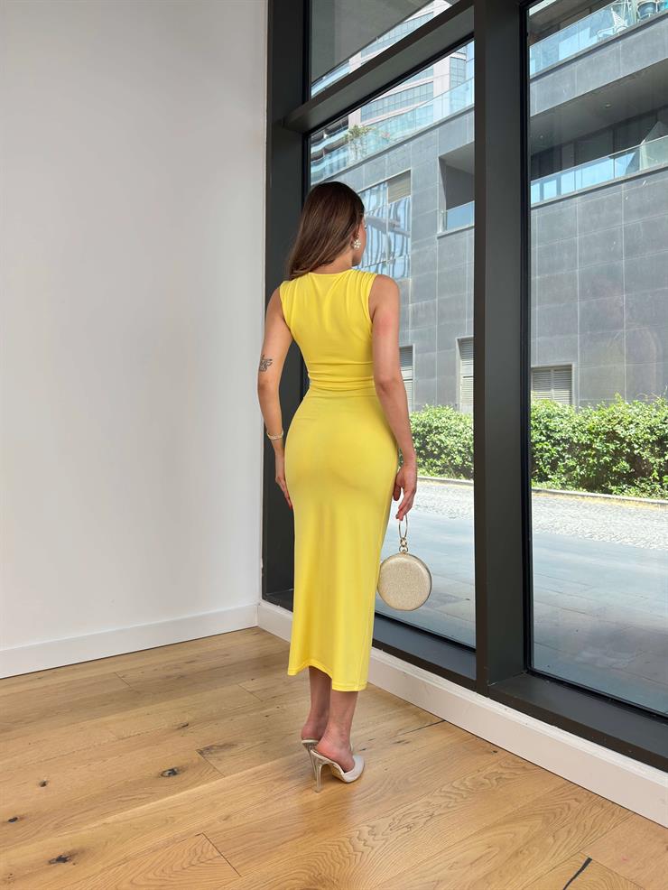 Askısı Aksesuar Detaylı Drapeli Streç Sartre Sarı Kadın Elbise 25Y444