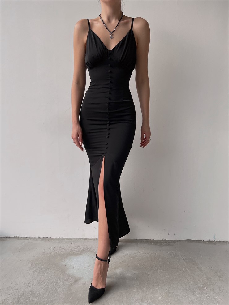 Saten Boydan Düğme Detay İnce Askılı Amina Kadın Siyah Elbise 22K000621