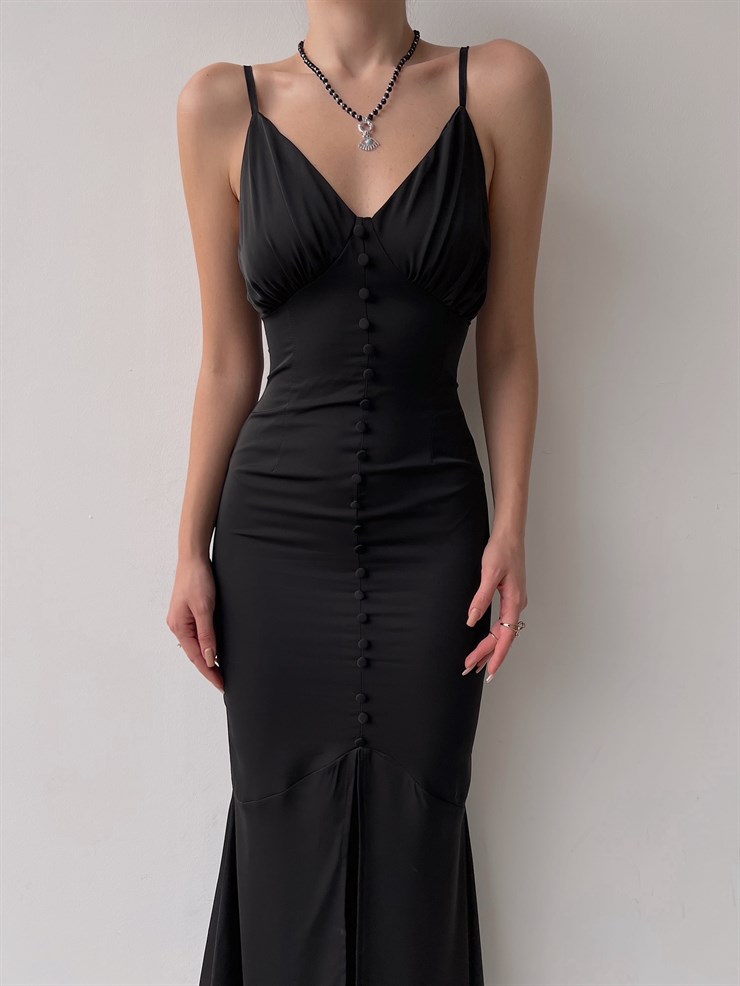 Saten Boydan Düğme Detay İnce Askılı Amina Kadın Siyah Elbise 22K000621