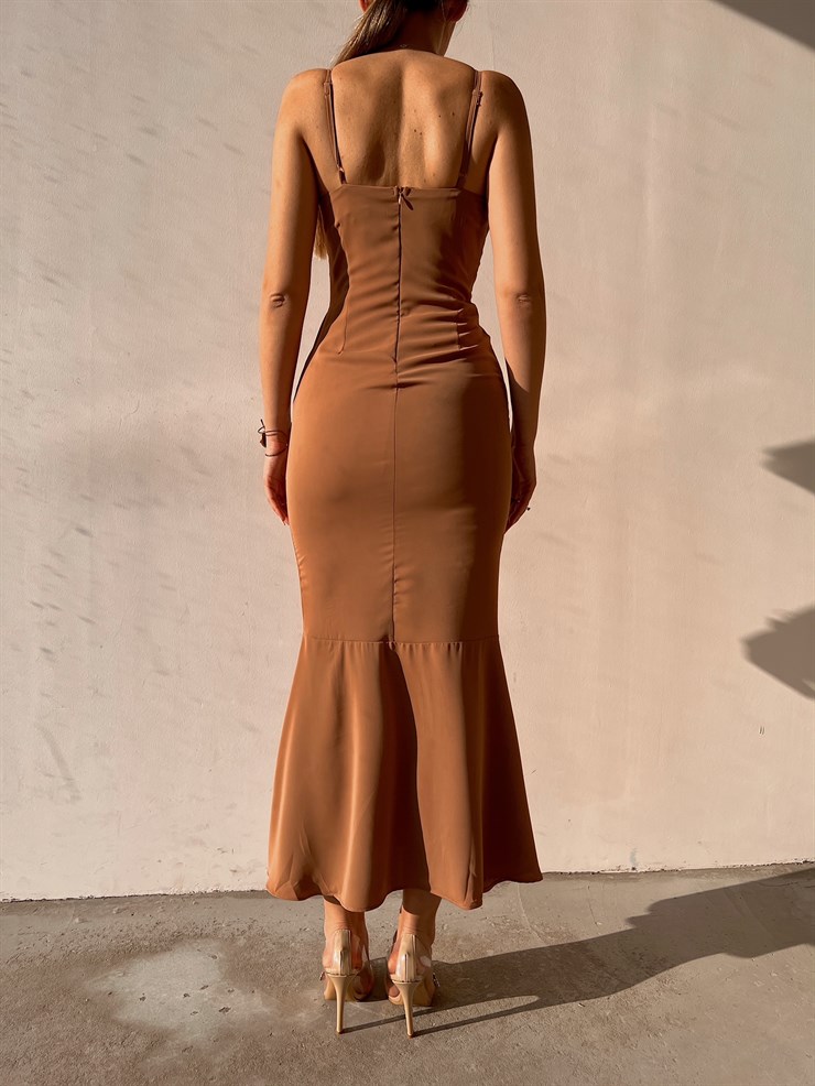 Saten Boydan Düğme Detay İnce Askılı Amina Kadın Taba Elbise 22K000621