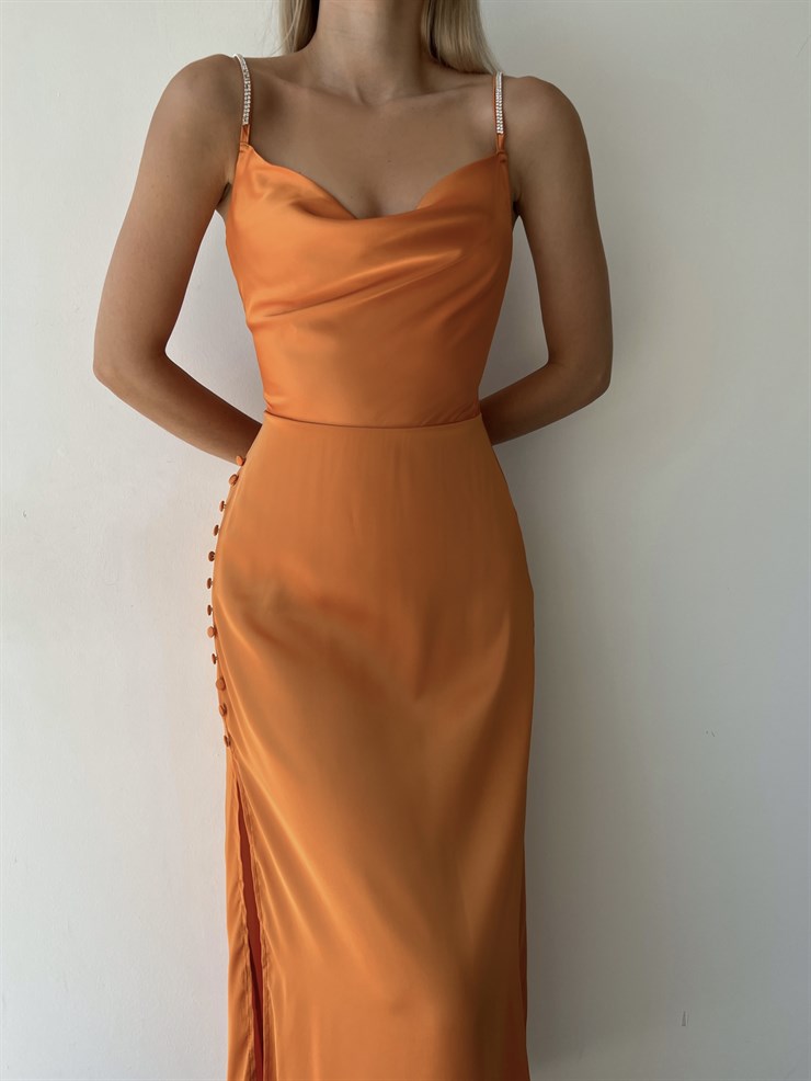 Saten Degaje Yaka Yanı Düğme Detaylı Yırtmaçlı Libor Kadın Sarı Elbise 22Y000452