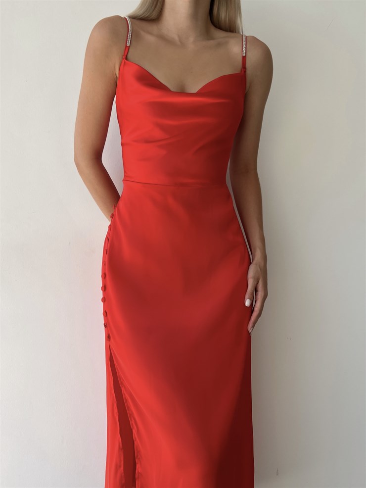 Saten Degaje Yaka Yanı Düğme Detaylı Yırtmaçlı Libor Kadın Kırmızı Elbise 22Y000452