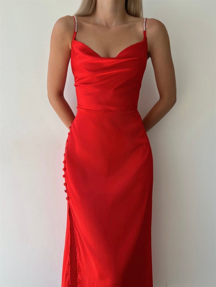 Saten Degaje Yaka Yanı Düğme Detaylı Yırtmaçlı Libor Kadın Kırmızı Elbise 22Y000452