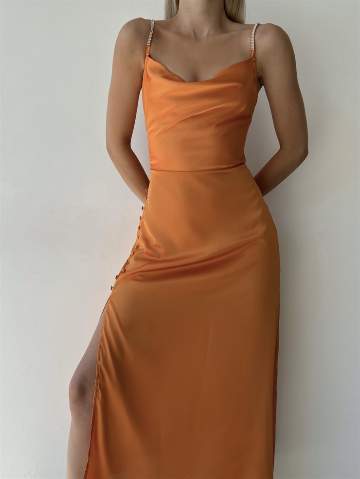 Saten Degaje Yaka Yanı Düğme Detaylı Yırtmaçlı Libor Kadın Sarı Elbise 22Y000452