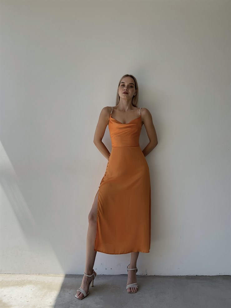 Saten Degaje Yaka Yanı Düğme Detaylı Yırtmaçlı Libor Kadın Sarı Elbise 22Y000452