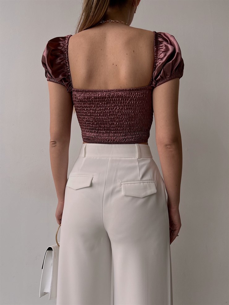 Saten Düğme Detay Kalp Yaka Emily Kadın Lila Korse Bluz 22Y000077