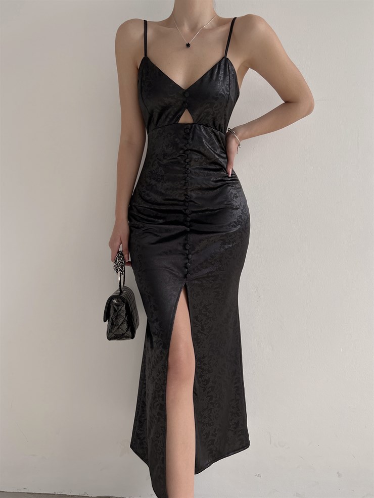 Saten Kendinden Desenli Kumaş Düğme Detay Abel Kadın Siyah Elbise 22Y000207