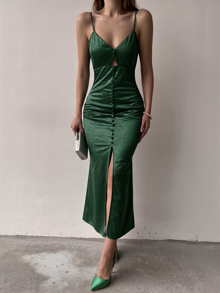 Saten Kendinden Desenli Kumaş Düğme Detay Abel Kadın Yeşil Elbise 22Y000207