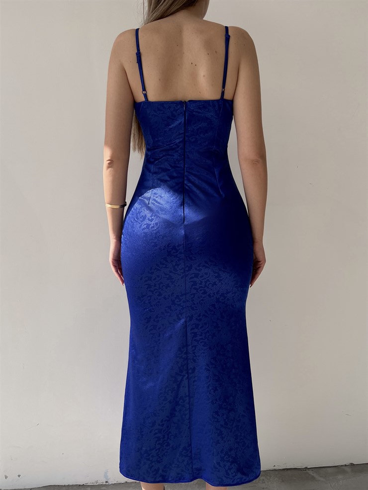 Saten Kendinden Desenli Kumaş Düğme Detay Abel Kadın Saks Elbise 22Y000207