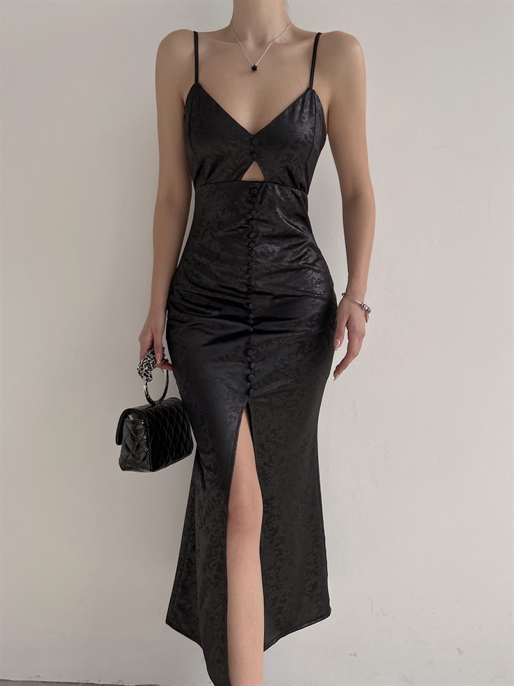 Saten Kendinden Desenli Kumaş Düğme Detay Abel Kadın Siyah Elbise 22Y000207