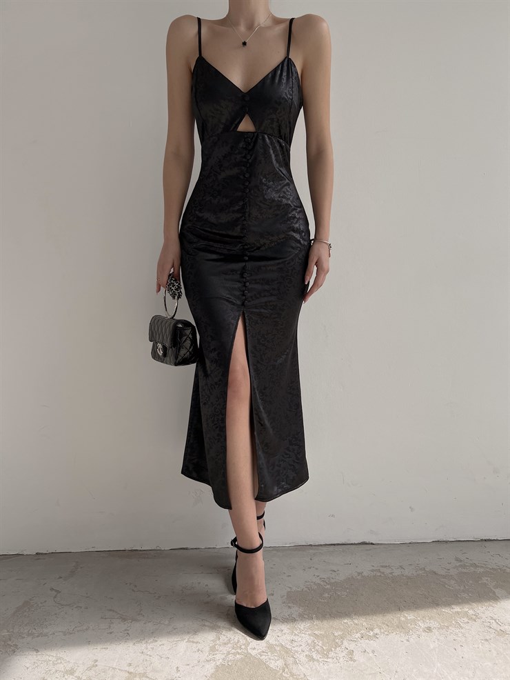 Saten Kendinden Desenli Kumaş Düğme Detay Abel Kadın Siyah Elbise 22Y000207