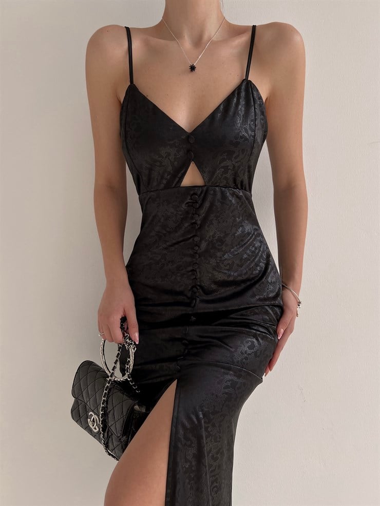 Saten Kendinden Desenli Kumaş Düğme Detay Abel Kadın Siyah Elbise 22Y000207