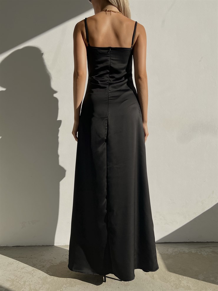 Saten Kruvaze Yaka Drapeli Jocelyn Kadın Siyah Uzun Elbise 22Y000084