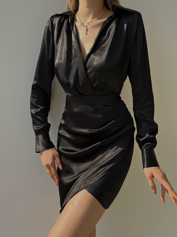 Saten Kruvaze Yaka Kol Düğmeli Uzun Kollu Etek Kısmı Düğme Detay Kruvaze Horry Kadın Siyah Elbise 23K000013