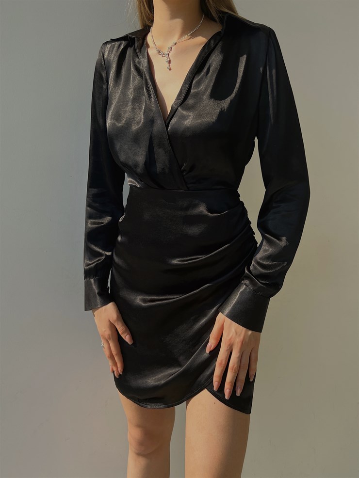 Saten Kruvaze Yaka Kol Düğmeli Uzun Kollu Etek Kısmı Düğme Detay Kruvaze Horry Kadın Siyah Elbise 23K000013