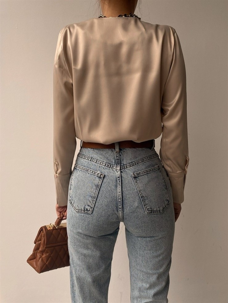 Saten Kruvaze Yaka Leonita Kadın Bej Renk Bodysuit 22K000231