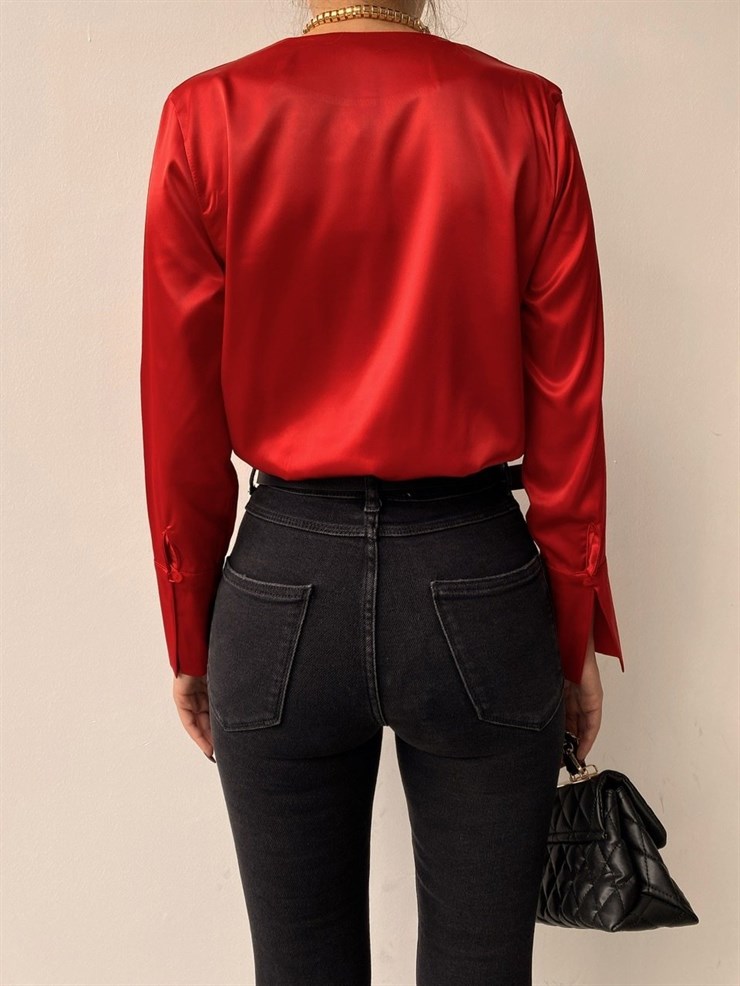 Saten Kruvaze Yaka Leonita Kadın Kırmızı Bodysuit 22K000231