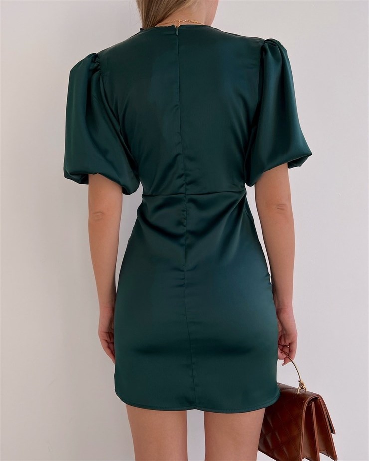 Saten Kuruvaze Yaka Drapeli Belinda Kadın Zümrüt Elbise 22K000549