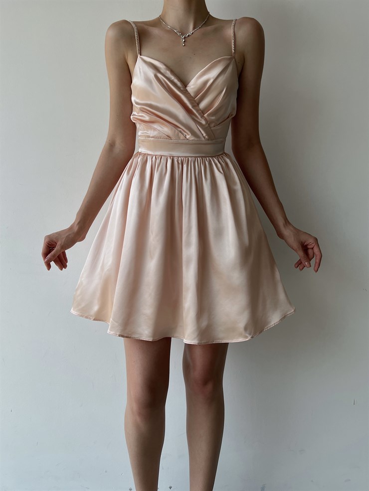 Saten Kuvaze Yaka Plileli Vesper Kadın Somon Mini Elbise 22Y000322