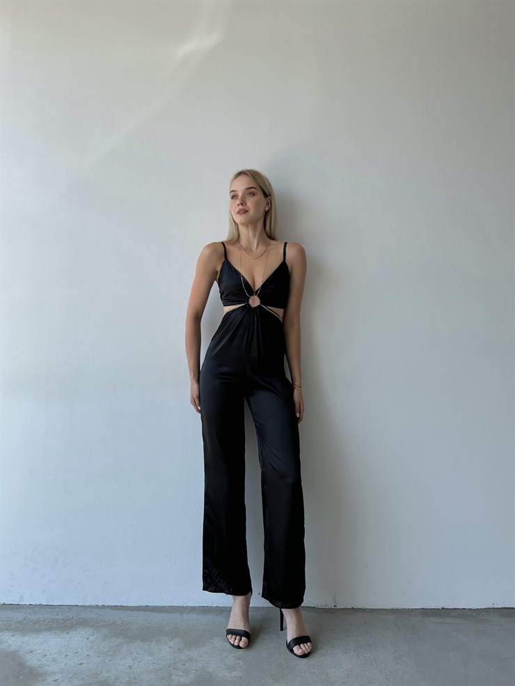 Saten Sırt Ve Bel Dekolte Halka Detaylı Lawren Kadın Siyah Tulum 22Y000454