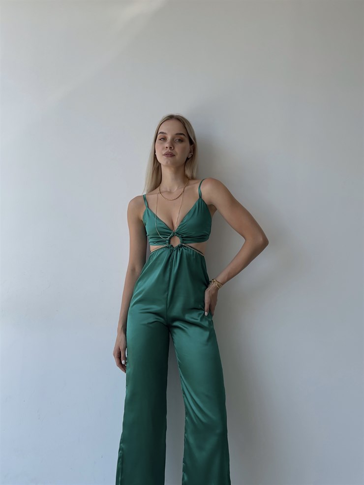 Saten Sırt Ve Bel Dekolte Halka Detaylı Lawren Kadın Zümrüt Tulum 22Y000454