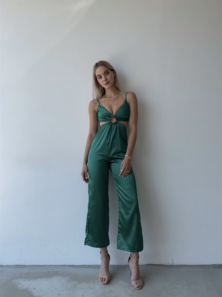 Saten Sırt Ve Bel Dekolte Halka Detaylı Lawren Kadın Zümrüt Tulum 22Y000454