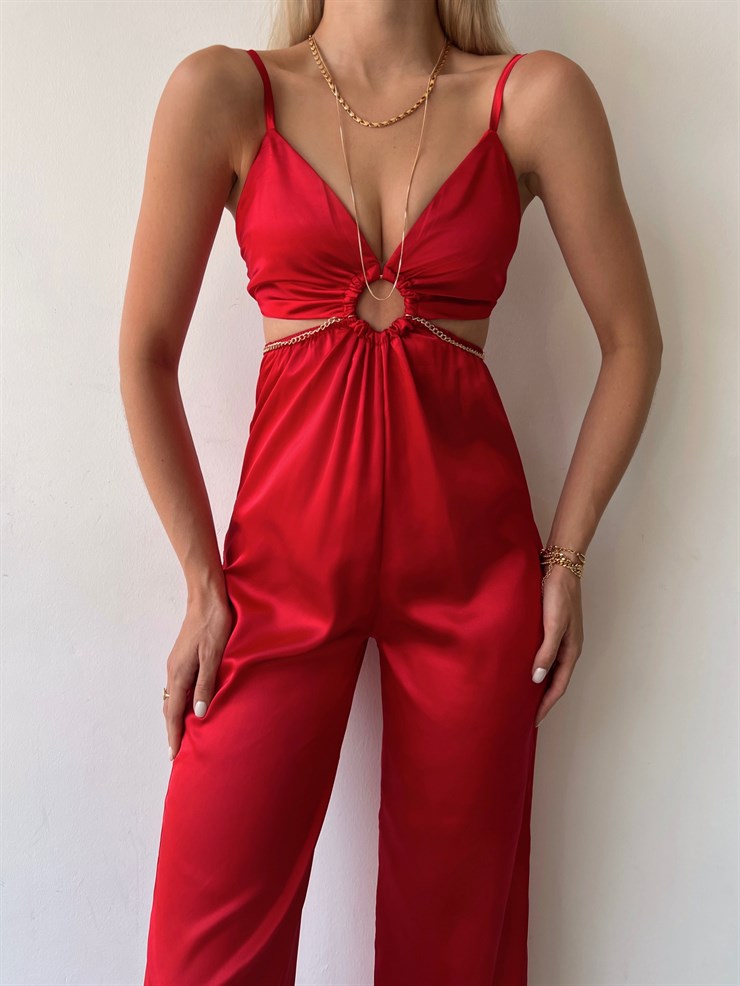 Saten Sırt Ve Bel Dekolte Halka Detaylı Lawren Kadın Kırmızı Tulum 22Y000454