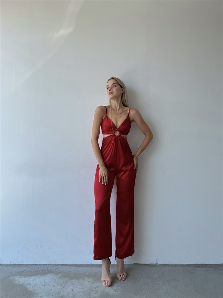 Saten Sırt Ve Bel Dekolte Halka Detaylı Lawren Kadın Kırmızı Tulum 22Y000454