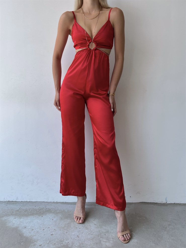 Saten Sırt Ve Bel Dekolte Halka Detaylı Lawren Kadın Kırmızı Tulum 22Y000454