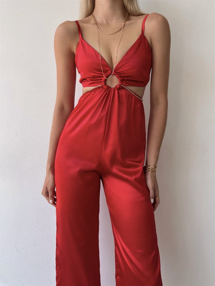 Saten Sırt Ve Bel Dekolte Halka Detaylı Lawren Kadın Kırmızı Tulum 22Y000454