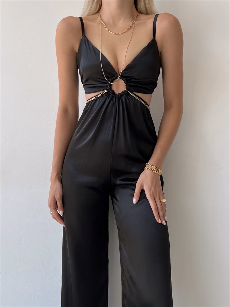 Saten Sırt Ve Bel Dekolte Halka Detaylı Lawren Kadın Siyah Tulum 22Y000454