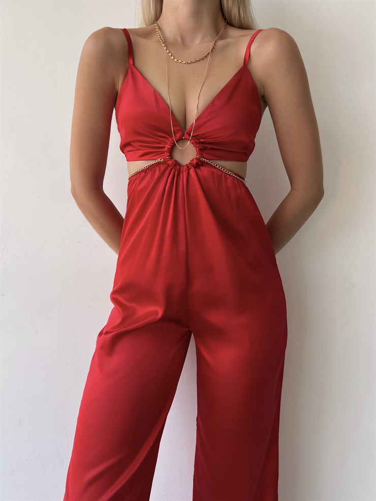 Saten Sırt Ve Bel Dekolte Halka Detaylı Lawren Kadın Kırmızı Tulum 22Y000454