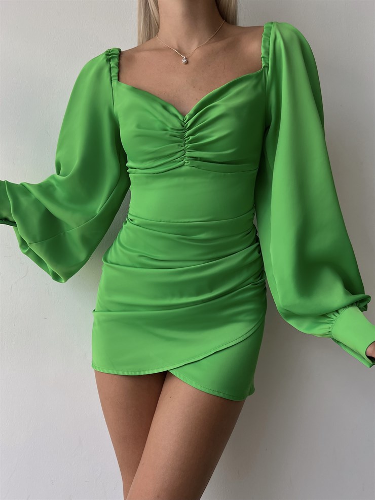 Saten Uzun Balon Kol Drapeli Etek Kısmı Kruvaze Valente Kadın Neon Elbise 22Y000494